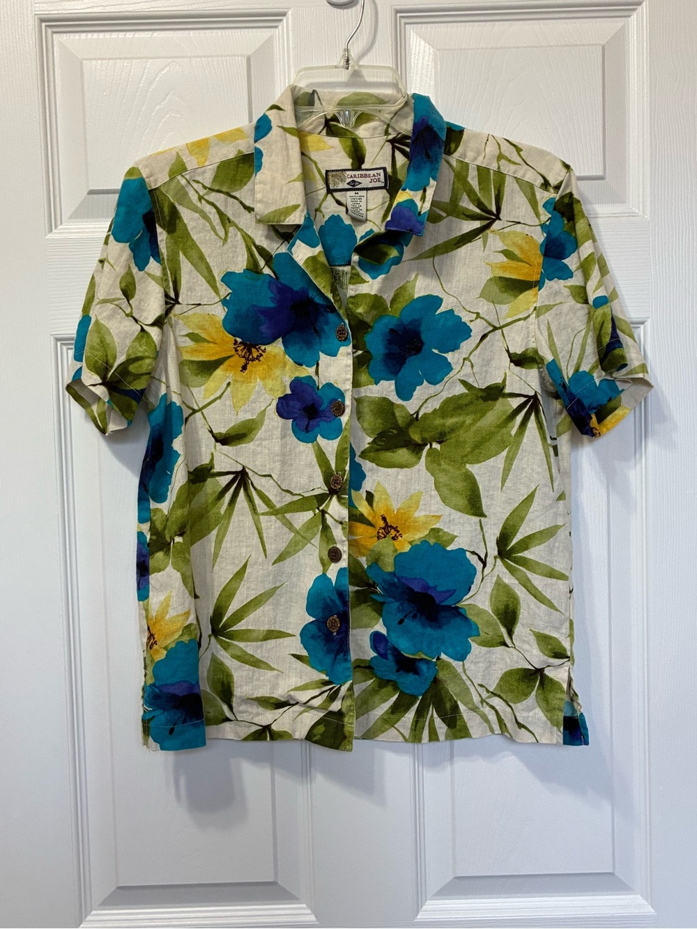 Caribbean Joe Linen Top Womens Medium Hawaiian Tropical Floral Camp Shirt Cruise